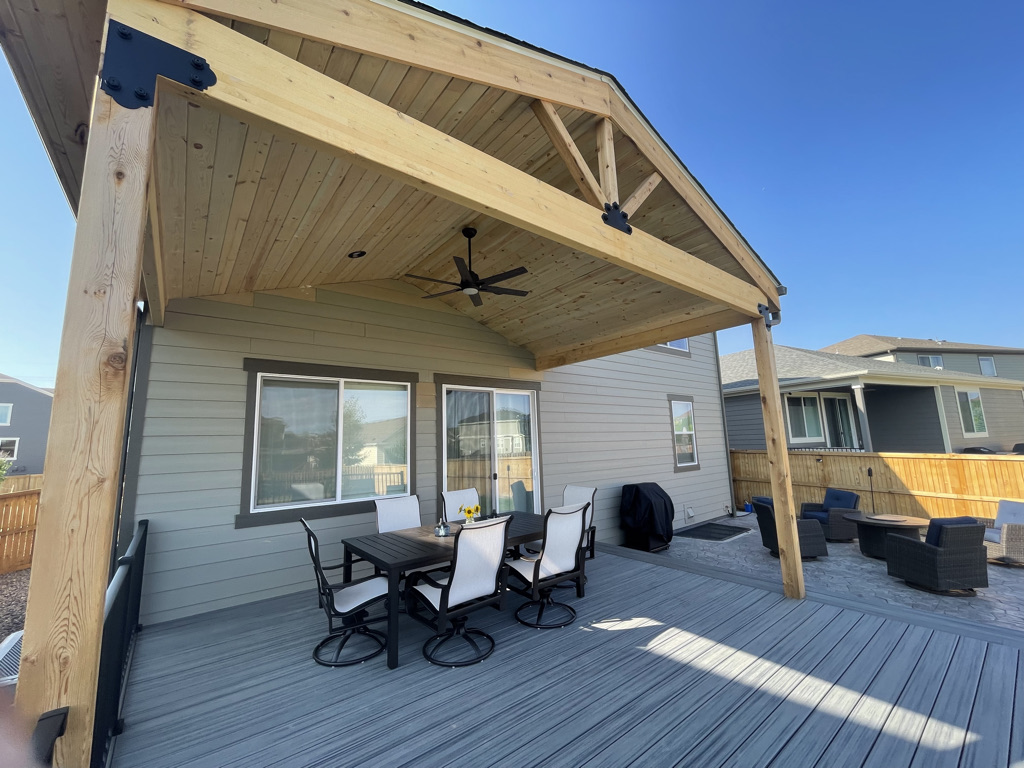 Covered outdoor deck featuring eco-friendly materials and customizable designs in Denver, Colorado.
