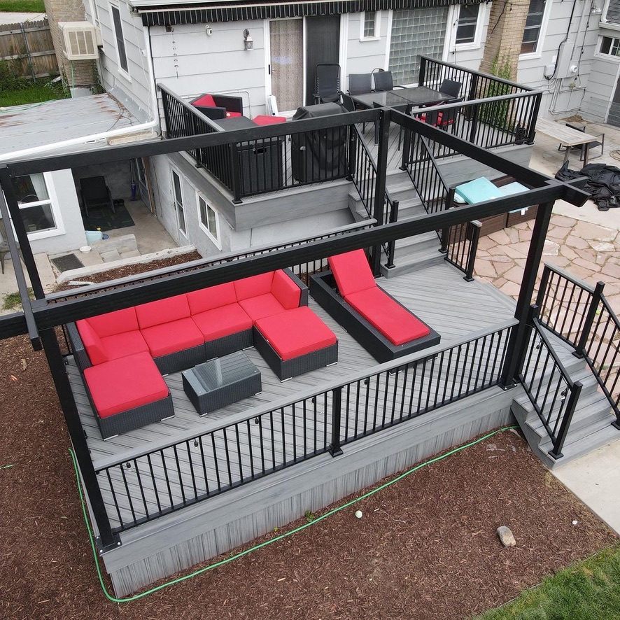 Elegant pergola covering a deck with sturdy railings for safety and sophistication in Denver, Colorado.
