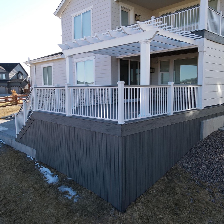 Stylish pergola paired with a durable deck and modern railings in Commerce, Michigan.